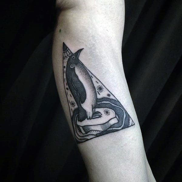Triangle Penguin Standing On Ice Mens Inner Arm Bicep Tattoo