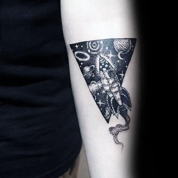 Triangle Rocket Ship With Outer Space Design Mens Forearm Tattoo