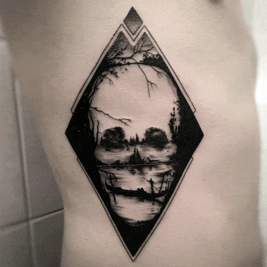 Triangle Skull Nature Lake Optical Illusion Mens Rib Cage Side Tattoo Design