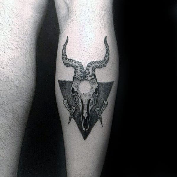 Triangle With Goat Skull Mens Leg Calf Tattoo