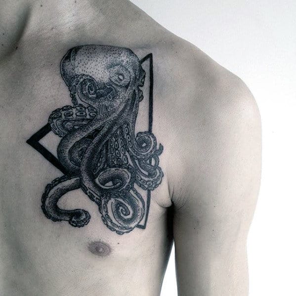 Triangle With Octopus Guys Upper Chest Tattoo Design Ideas