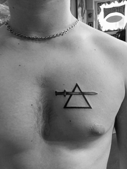 Triangle With Sword Guys Simple Chest Tattoos