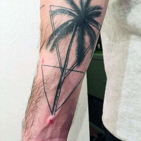 Triangles And Palm Tree Tattoo On Legs For Men