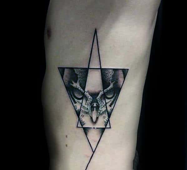 Triangles Geometric Owl Male Rib Cage Side Tattoo Ideas