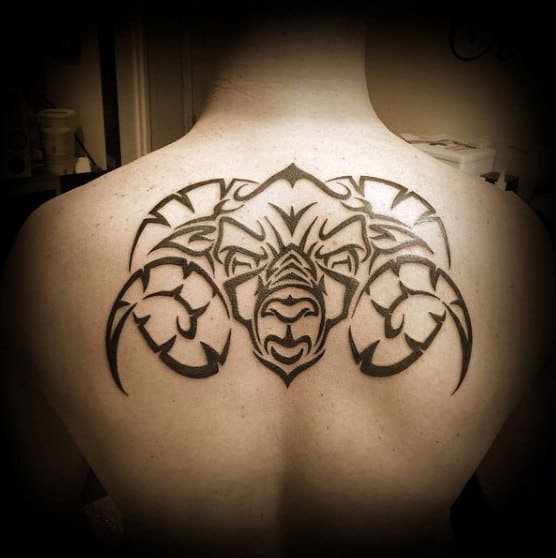 Tribal Aries Male Back Tattoo Of Ram