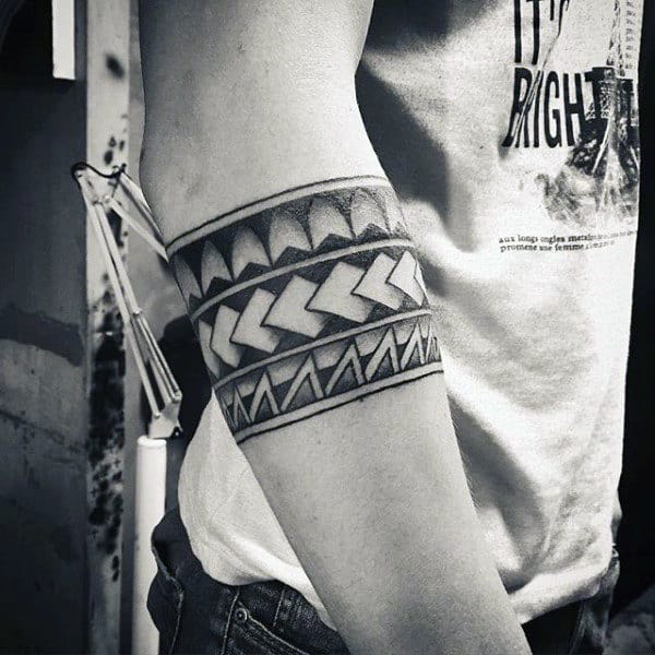 Tribal Black Ink Negative Space Male Armband Tattoos