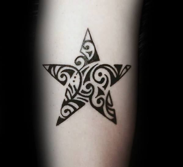 Tribal Black Ink Pattern Male Simple Star Tattoo On Arm