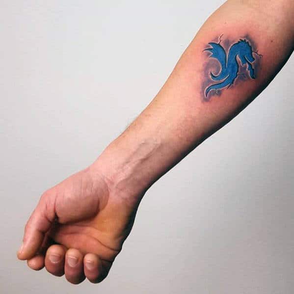 tribal-blue-ink-dragon-3d-mens-inner-forearm-small-tattoos