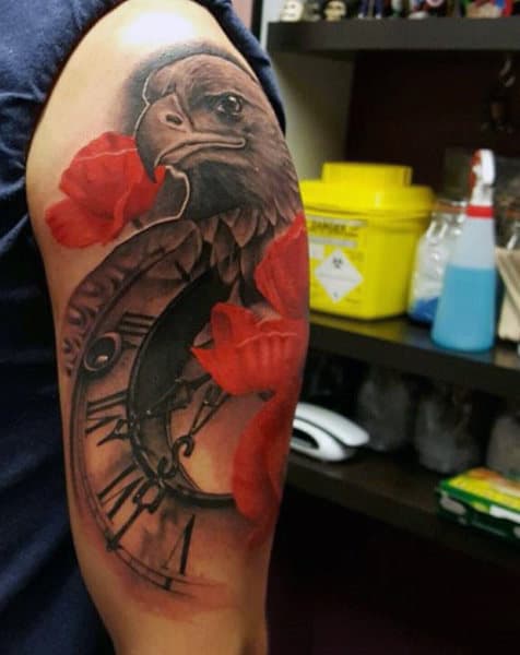 Red Flower Eagle Tattoo Designs For Men