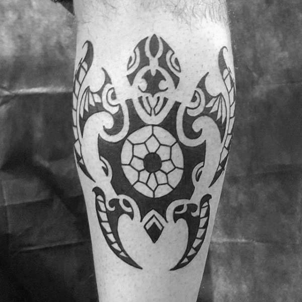Tribal Leg Calf Mens Turtle Black Ink Tattoos