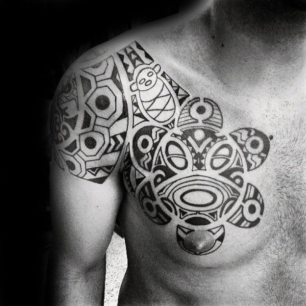 Tribal Linework Baby With Sun Mens Taino Tattoos On Chest And Upper Arm