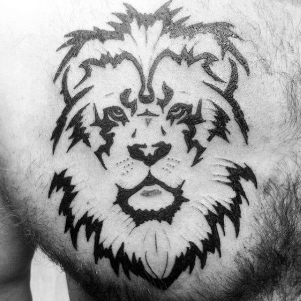 Tribal Lion Chest Tattoos For Men With Negative Space Design