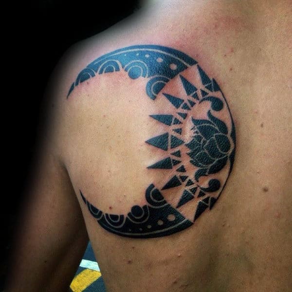 Tribal Lotus Flower Mens Back Tattoo With Moon Design