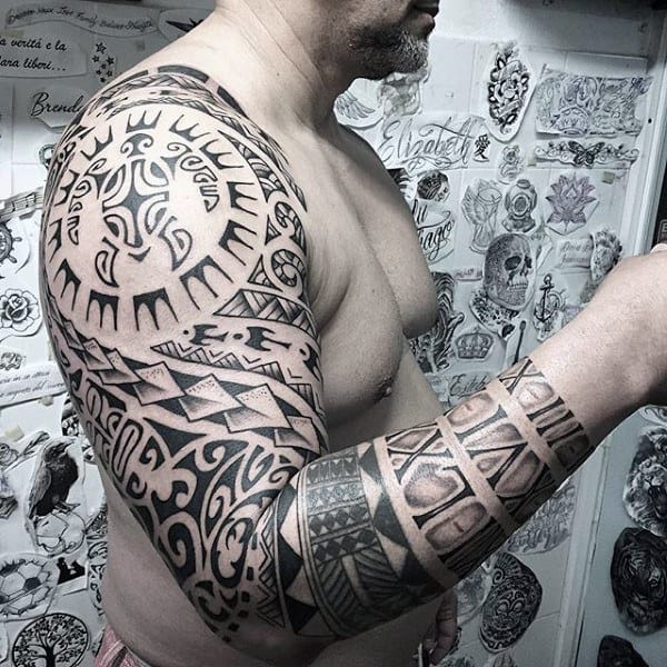 Tribal Mens Black Ink Turtle Full Sleeve Tattoo Ideas