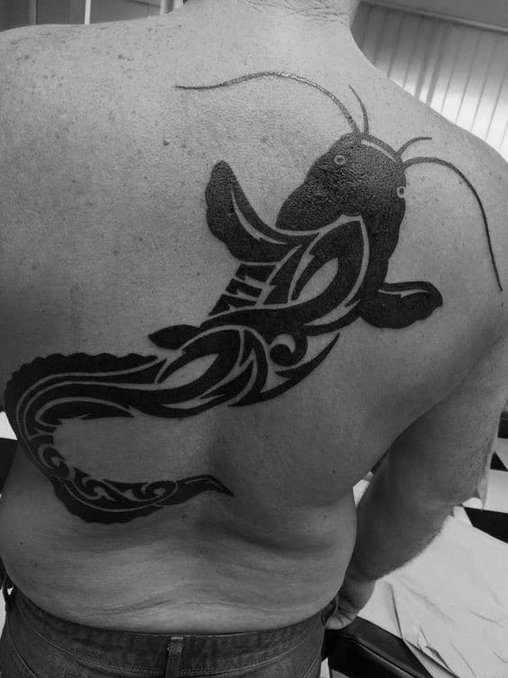 Tribal Mens Catfish Black Ink Back Tattoos