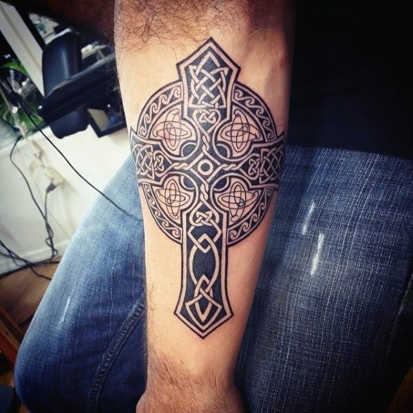 Tribal Mens Forearm Celtic Cross Tattoo With Black Ink