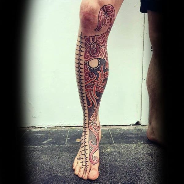 Tribal Norse Leg Sleeve Red Ink Tattoo On Man
