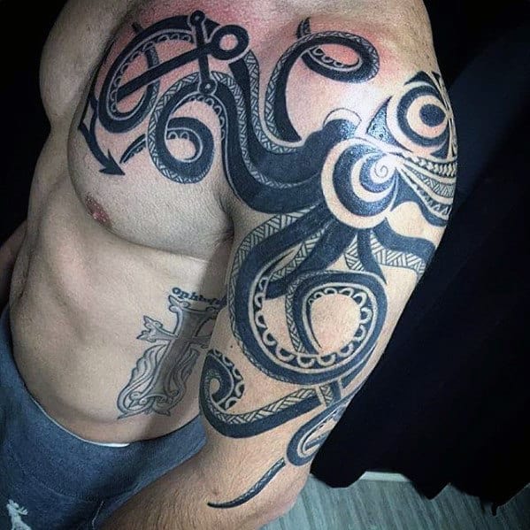 Tribal Octopus Guys Awesome Arm And Chest Tattoos.