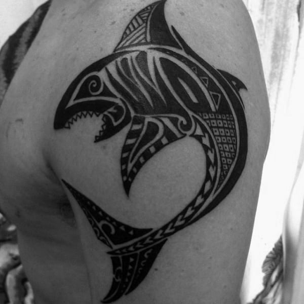 Tribal Shark Mens Tattoo On Upper Arm With Black Ink