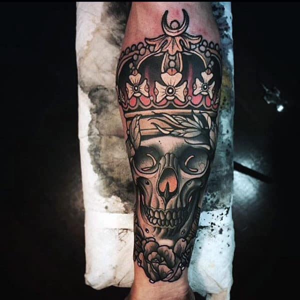 Tribal Skull With Crown Tattoo Forearms Guys