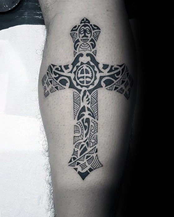 Tribal Small Religious Back Of Leg Cross Tattoos For Men