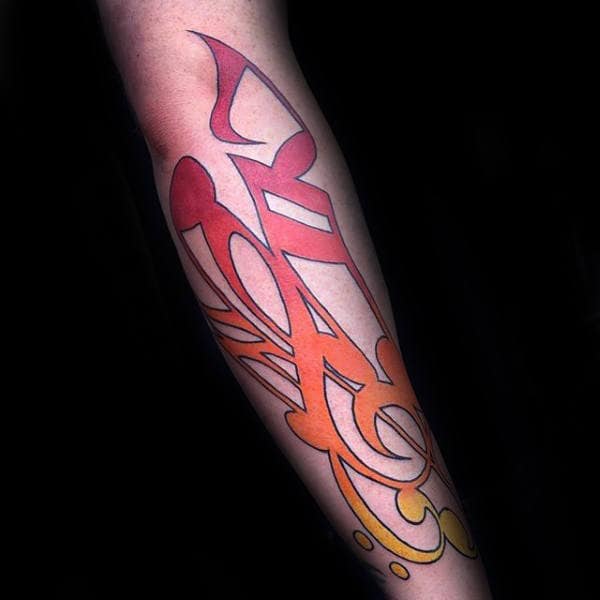 Tribal Style Music Note Mens Red Orange And Yellow Forearm Tattoo