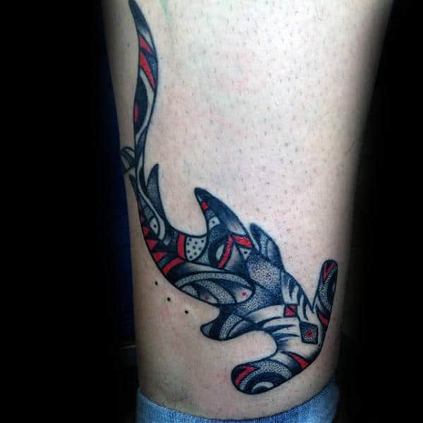 Tribal Traditional Shark Mens Lower Leg Tattoo