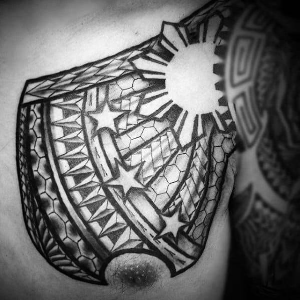 Tribal Upper Chest Filipino Sun Male Tattoo Designs