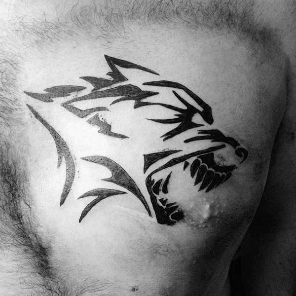 Tribal Wolf Growling Tattoos For Men On Upper Chest