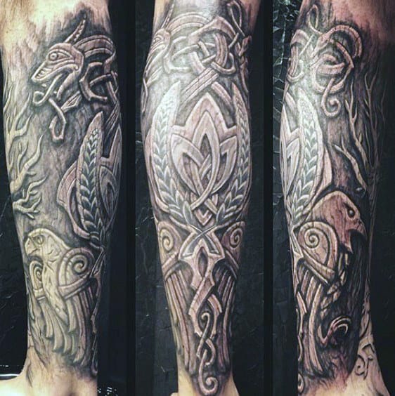 Tribal Wood Carving Mens Leg Sleeve Tattoos