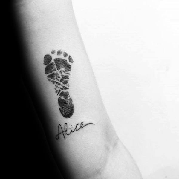 tricep back of arm kids name alice footprint tattoos for men