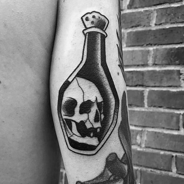Tricep Back Of Arm Skull Poison Bottle Tattoo Designs For Guys