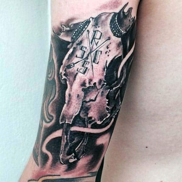 Tricep Bull Skull Male Tattoo