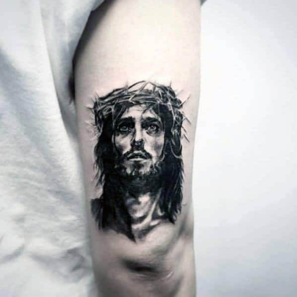 Tricep Small Religious Jesus Portrait Tattoo For Men