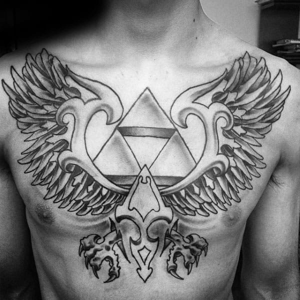 Triforce With Wings Mens Shaded Chest Tattoo Designs