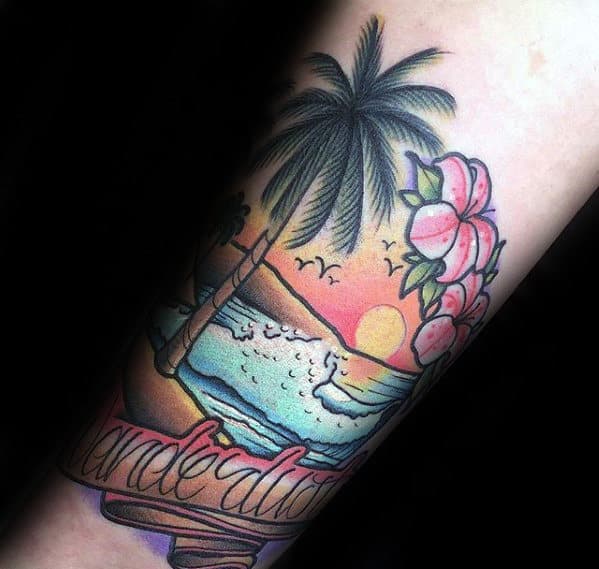 Tropical Beach Scene Wanderlust Banner Mens Inner Forearm Tattoo