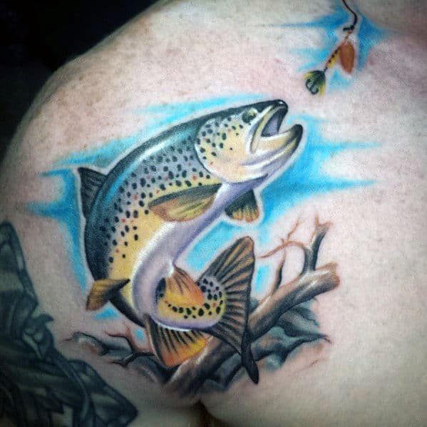 Trout With Fishing Lure Mens Chest Tattoo