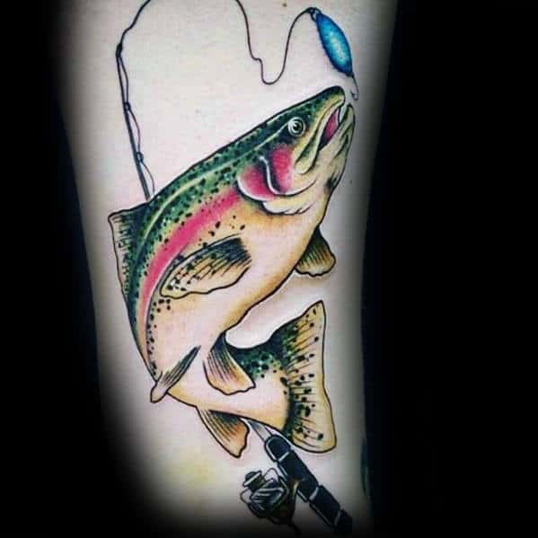 Trout With Fishing Rod And Lure Arm Tattoo For Men