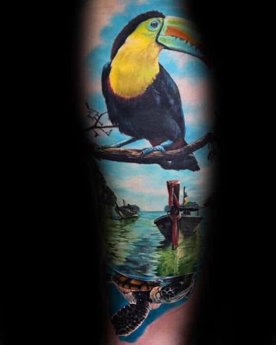 Tucan Sitting On Tree Branch With Lake Guys Sleeve 3d Leg Tattoo