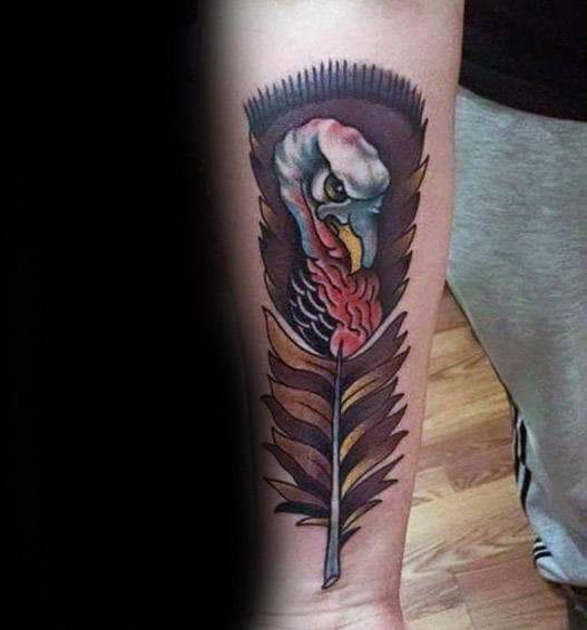 Turkey Feather Mens Inner Forearm Tattoos