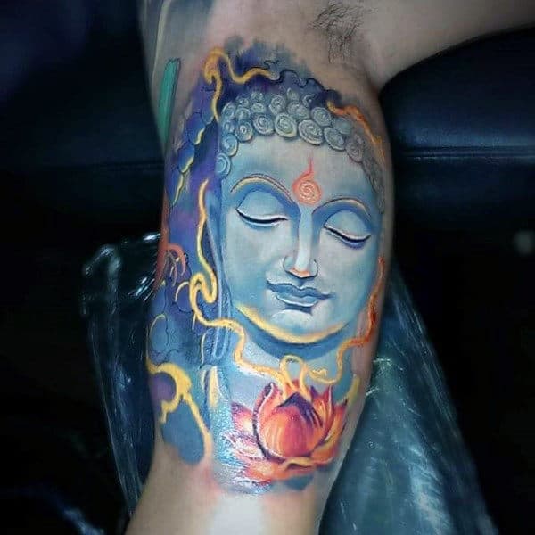 Turquoise Blue Buddha Tattoo On Bicep For Men
