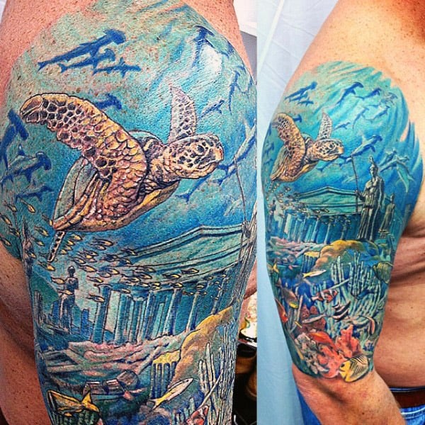 Turtle Floating Above Coral Reef Mens Half Sleeve Tattoo Ideas
