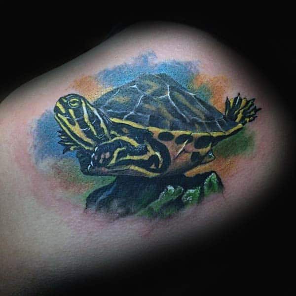 Turtle On A Rock With Watercolor Background Mens Arm Tattoos