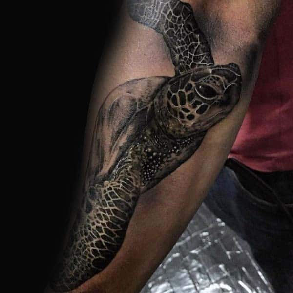 Turtle Outer Forearm Tattoo Designs For Men With Shaded Ink