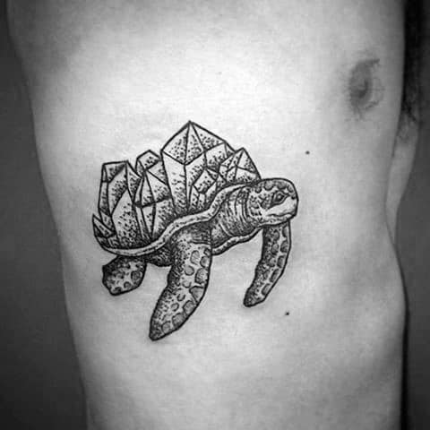 Turtle With Crystal Shell Rib Cage Side Tattoos For Men