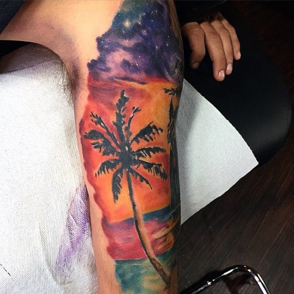 Twilight Palm Tree Tattoo For Men On Lower Legs