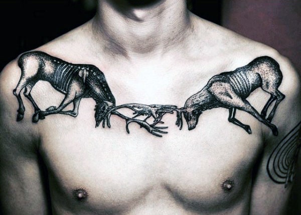 Two Deers Bucking Antlers Tattoo On Chest For Men