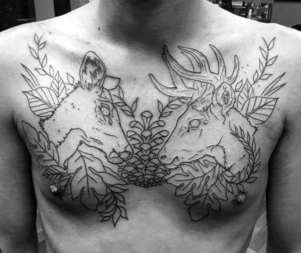 Two Deers Mens Traditional Chest Tattoo With Leaves Design