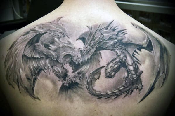 Two Dragons Flying Guys Realistic 3d Upper Back Tattoos