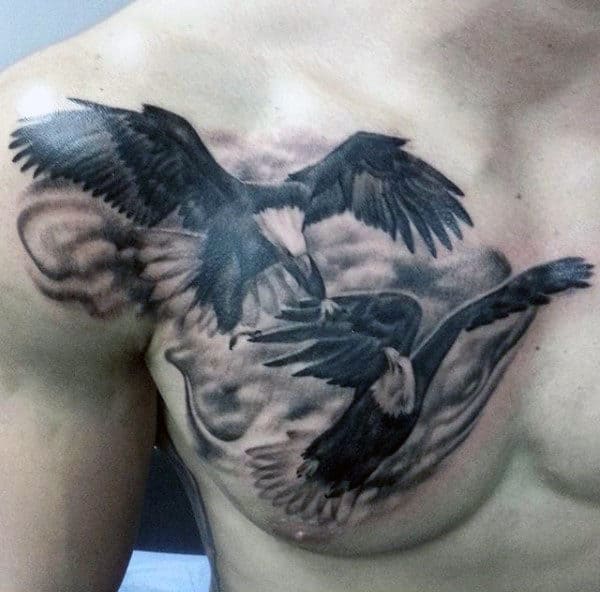 Two Eagles Flying Mens Shaded Upper Chest Tattoos